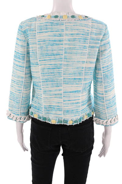 Worth Womens Light Blue Striped Crew Neck 3/4 Sleeve Button Jacket Size 4