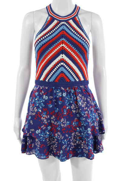 Parker Women Fit & Flare Sundress Blue Silk High Neck Floral Size 0