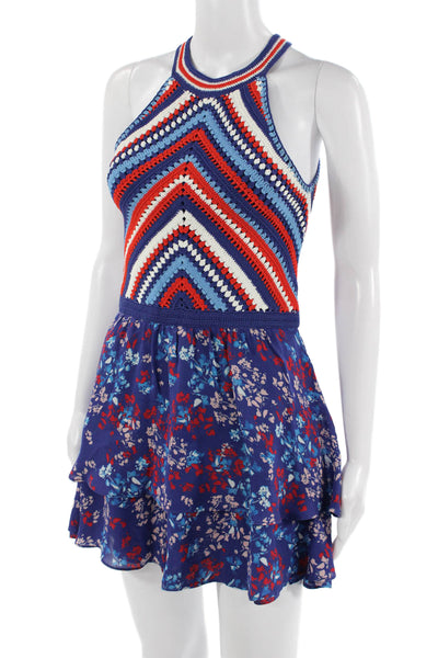 Parker Women Fit & Flare Sundress Blue Silk High Neck Floral Size 0