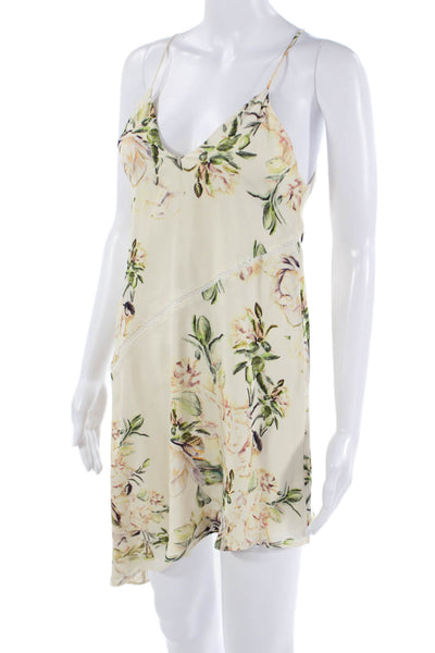 Haute Hippie Women Slip Dress Beige Floral V-Neck Sleeveless Mini Size XS
