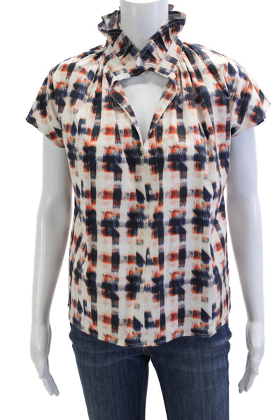 Never A Wallflower Womens White Geometric High Neck Short Sleeve Blouse Size XS