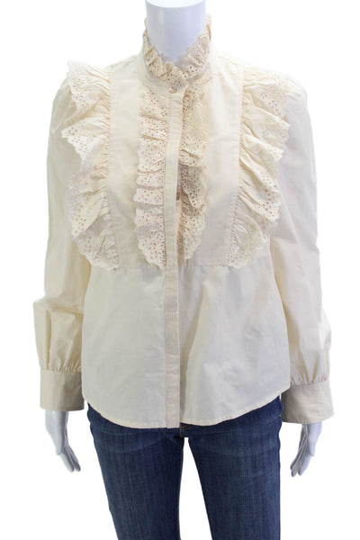 The Westside Women Beige High Neck Button Up Long Sleeve Blouse Size XS