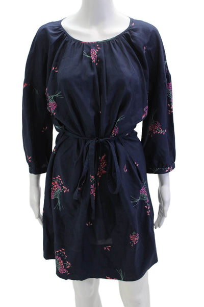 Band Of Outsiders Women Dark Blue Floral Silk Blouson Mini Dress 3/4 Size 2