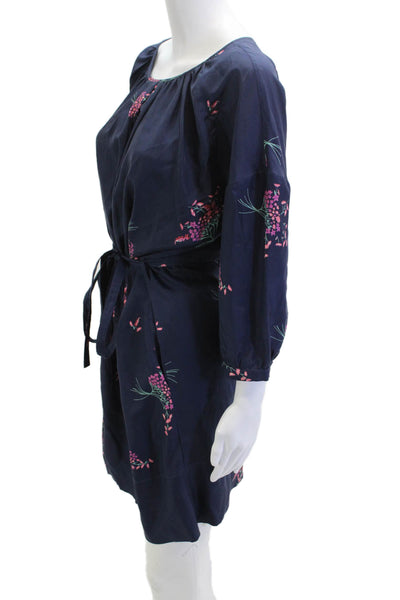 Band Of Outsiders Women Dark Blue Floral Silk Blouson Mini Dress 3/4 Size 2