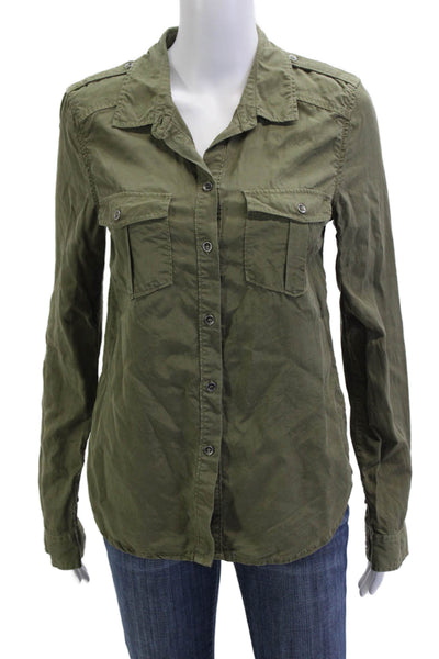 Paige Women Collared Button-Up Top Green Lyocell Long Sleeve Basic Army Size S
