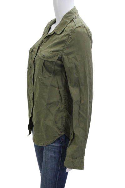 Paige Women Collared Button-Up Top Green Lyocell Long Sleeve Basic Army Size S