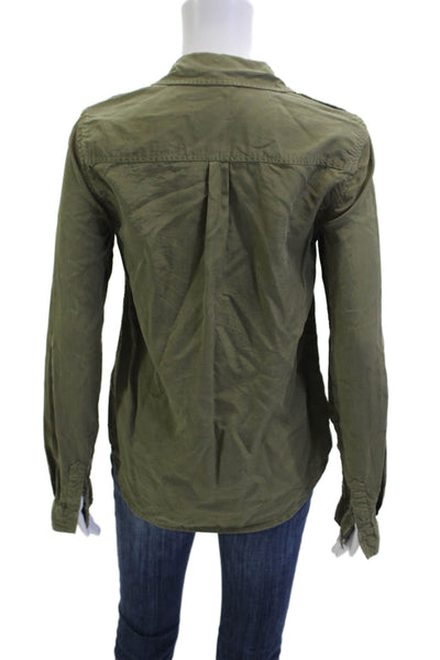 Paige Women Collared Button-Up Top Green Lyocell Long Sleeve Basic Army Size S