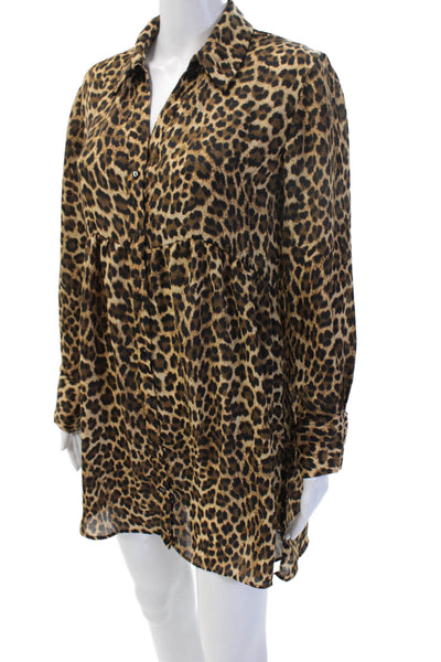 Zara Basic Womens Beige Animal Print Collared Long Sleeve Shirt Dress Size S