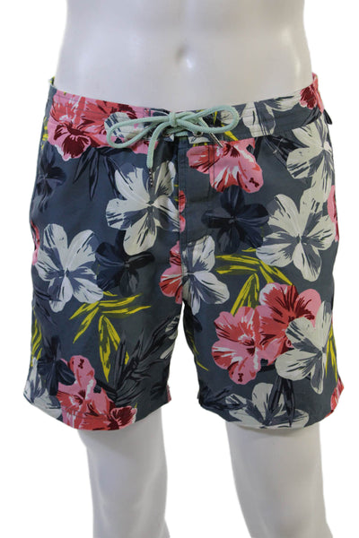 Penguin Mens Floral Drawstring Beach Shorts Dark Gray Polyester Size 32