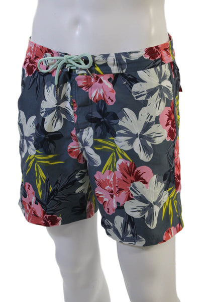 Penguin Mens Floral Drawstring Beach Shorts Dark Gray Polyester Size 32