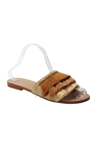 Mystique Womens Fringe Detail Open Toe Slip On Flat Sandals Shoes Brown Size 8