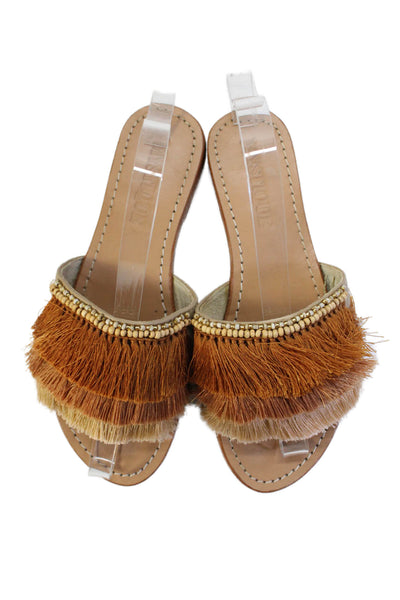 Mystique Womens Fringe Detail Open Toe Slip On Flat Sandals Shoes Brown Size 8