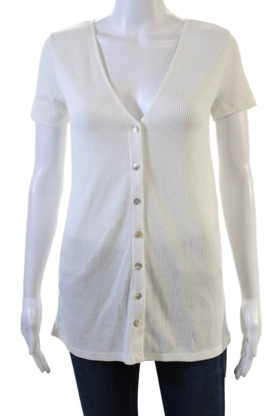 Zara Womens Basic Tunic Button Up V Neck White Short Sleeve Size S