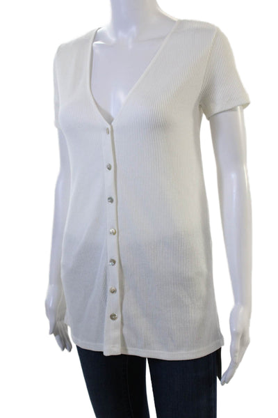 Zara Womens Basic Tunic Button Up V Neck White Short Sleeve Size S