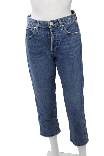 Amo Women Cropped Straight Jeans Blue Mid Rise Button 25 Inseam Denim Size 26