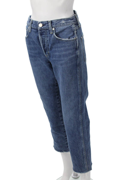 Amo Women Cropped Straight Jeans Blue Mid Rise Button 25 Inseam Denim Size 26