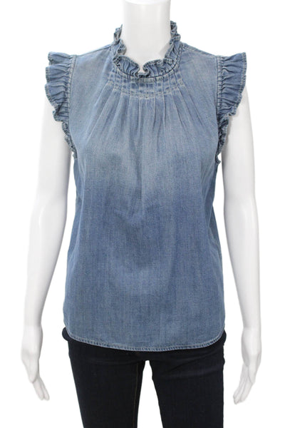 Frame Womens Sleeveless High Neck Blue Button Up Boho Blouse Size S