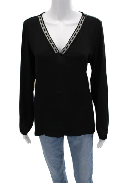 Casting Womens Black V Neck Long Sleeve Blouse 100% Polyester Classic Size 1