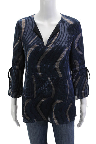 Lafayette 148 New York Women Tunic Black V-Neck 3/4 Sleeve Geometric Size S