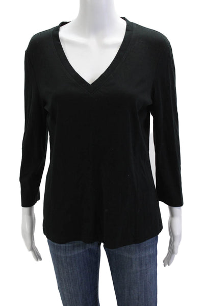 Lafayette 148 New York Womens V-Neck 3/4 Sleeve Black T-Shirt Basic Size L