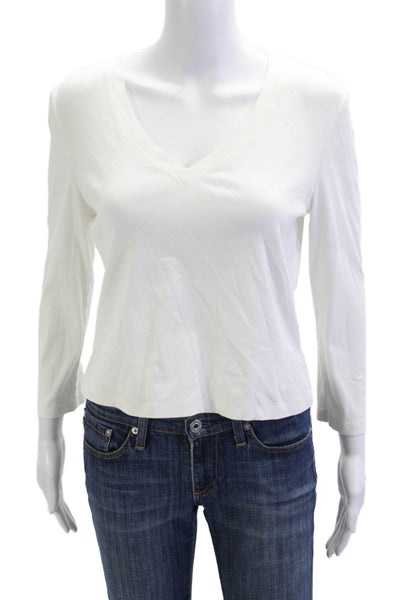 Lafayette 148 New York Womens White V-Neck T-Shirt 3/4 Sleeve Cotton Size M