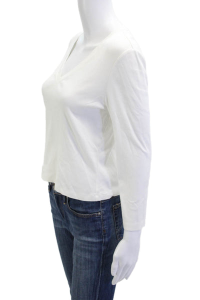 Lafayette 148 New York Womens White V-Neck T-Shirt 3/4 Sleeve Cotton Size M