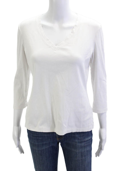 Lafayette 148 New York Womens Basic V-Neck 3/4 Sleeve White T-Shirt Size M