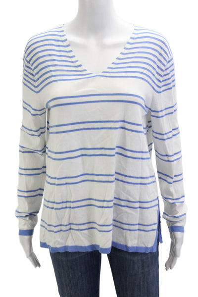 Lafayette 148 New York Women White Striped V Neck Long Sleeve Sweater Size S