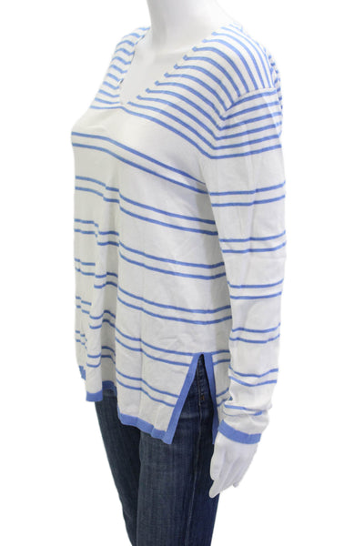 Lafayette 148 New York Women White Striped V Neck Long Sleeve Sweater Size S