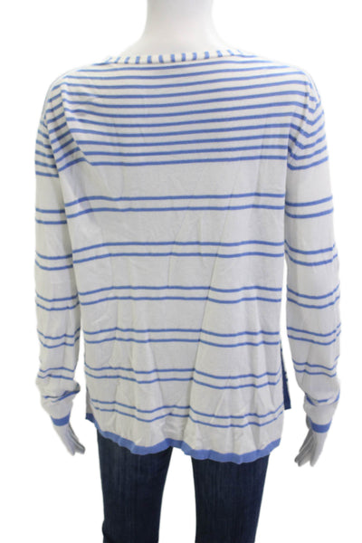 Lafayette 148 New York Women White Striped V Neck Long Sleeve Sweater Size S