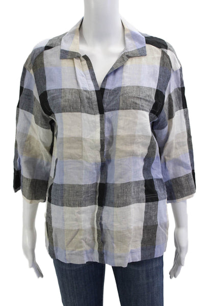 Lafayette 148 New York Womens Beige Collared Check Blouse 3/4 Sleeve Size M