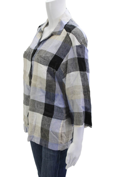 Lafayette 148 New York Womens Beige Collared Check Blouse 3/4 Sleeve Size M