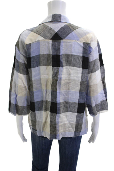 Lafayette 148 New York Womens Beige Collared Check Blouse 3/4 Sleeve Size M