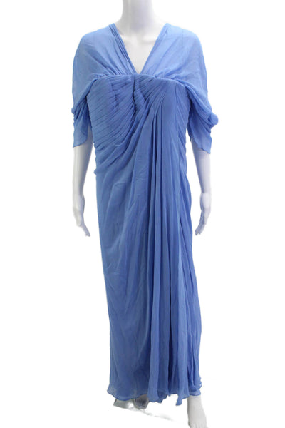 Pamella Roland Women Blue V-Neck Maxi Dress Polyester Blend Zip Size 14