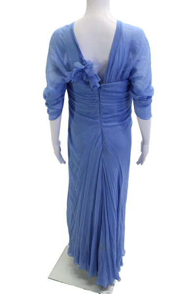 Pamella Roland Women Blue V-Neck Maxi Dress Polyester Blend Zip Size 14