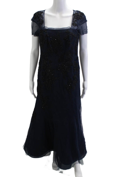 Lian Carlo Women A-Line Maxi Dress Dark Blue Mesh Square Neck Size 12