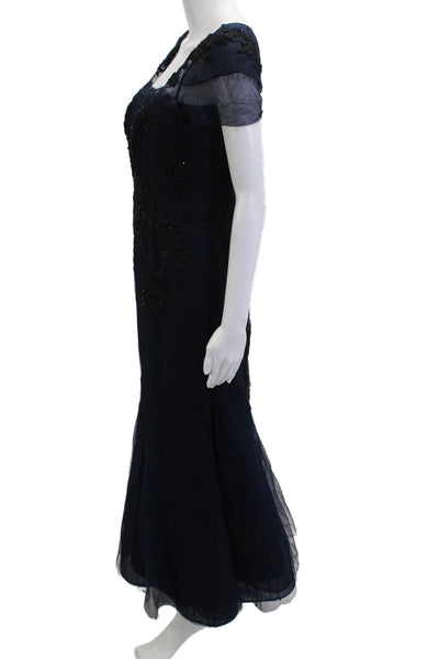 Lian Carlo Women A-Line Maxi Dress Dark Blue Mesh Square Neck Size 12