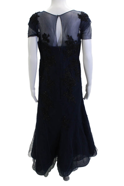 Lian Carlo Women A-Line Maxi Dress Dark Blue Mesh Square Neck Size 12
