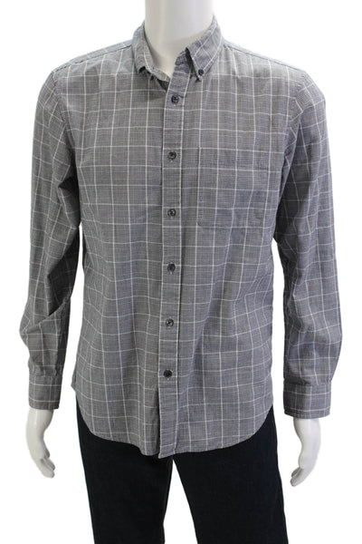 Club Monaco Mens Button Front Collared Plaid Slim Fit Shirt Gray Black Medium