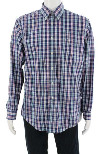 Brooks Brothers Mens Button-Down Plaid Shirt Blue Supima Long Sleeve Size L