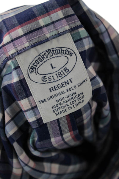 Brooks Brothers Mens Button-Down Plaid Shirt Blue Supima Long Sleeve Size L