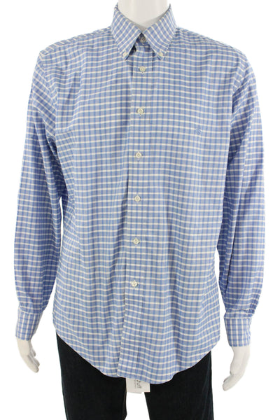 Brooks Brothers Men Button-Down Blue Check Cotton Long Sleeve Shirt Size L