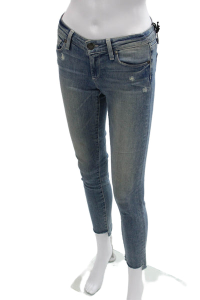 Paige Women Skinny Ankle Jeans Blue Mid-Rise Button Petite Size 24