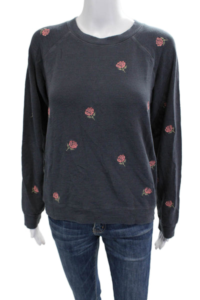 Monrow Women Pullover Sweatshirt Dark Gray Floral Crew Neck Long Sleeve Size XS