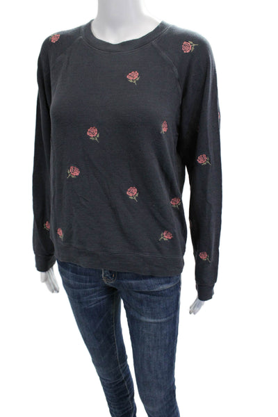 Monrow Women Pullover Sweatshirt Dark Gray Floral Crew Neck Long Sleeve Size XS