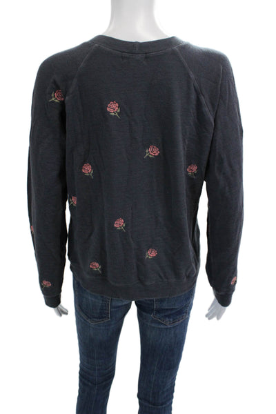 Monrow Women Pullover Sweatshirt Dark Gray Floral Crew Neck Long Sleeve Size XS