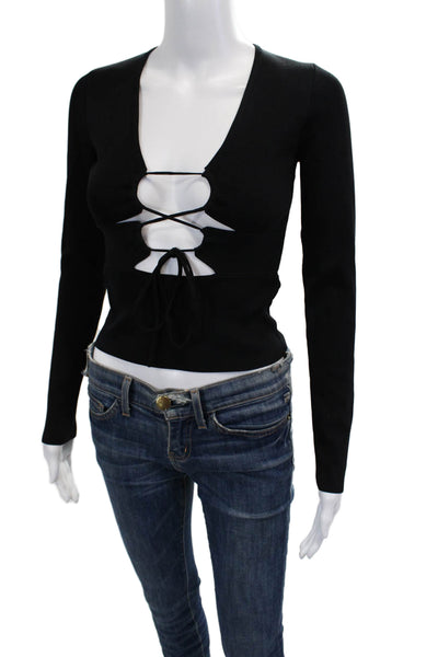 ASTR Women Cropped V-Neck Long Sleeve Black Top 90s Size XS