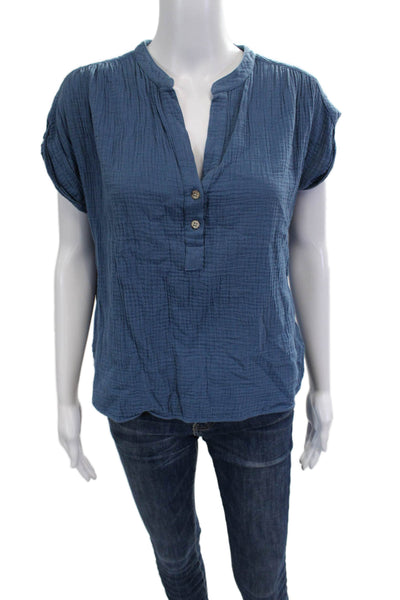 Amannna Women Blue V Neck Cotton Sleeveless Basic Blouse Button-Up Size S