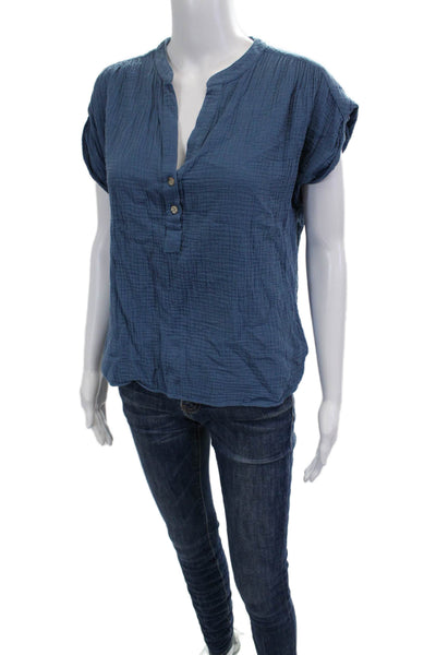 Amannna Women Blue V Neck Cotton Sleeveless Basic Blouse Button-Up Size S