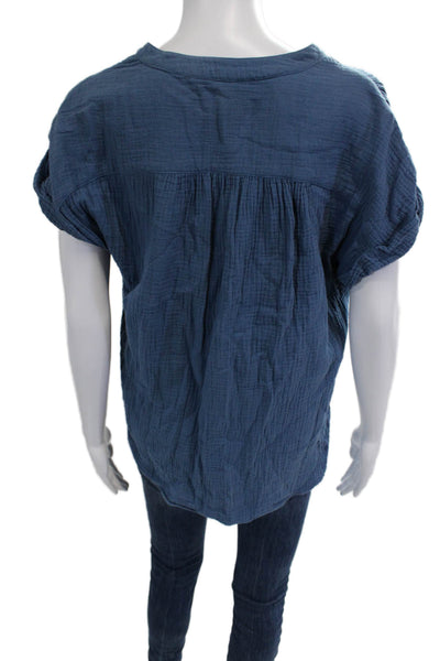 Amannna Women Blue V Neck Cotton Sleeveless Basic Blouse Button-Up Size S
